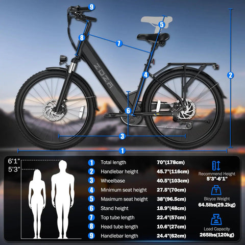 High Power 1000W Peak Electric Bike For Adults With 22 MPH Top Speed And 60 Mile Range 26 Inch Commuter E Bike frame dimensions