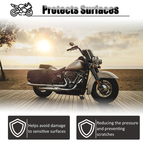 Rugged Kickstand Plate Pad For Heavy Cruiser Motorcycles, Universal Floor Protector Keeps Your Ride Upright On Grass, Dirt, Gravel, And Hot Pavement, Prevents Sinking With A Big Non Slip Base underneath a parked cruiser motorcycle on a wooden deck with scenic background.