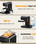 Straight Out The Coffeehouse, Espresso Maker With Auto Milk Frother And Touchscreen Controls, highlighting 48 oz removable water tank and warming cup.