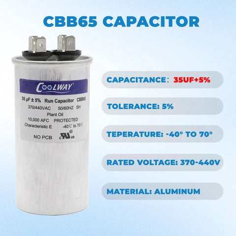 Dual Run Start Capacitor 35 UF 370 To 440 VAC For Air Conditioners And Heat Pumps CBB65R CBB65B Replacement aluminum body