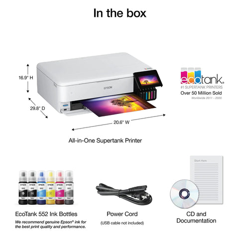 EcoTank Photo ET-8550 Wireless Wide-Format All-In-One Supertank Printer with scanner, copier, ink bottles, power cord, and documentation