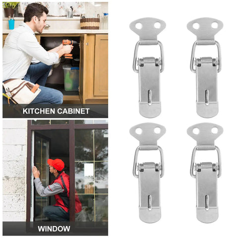 Spring Loaded Toggle Latches 72mm Stainless Steel 6 Sets For Toolboxes Drawers And Cabinets To Keep Your Gear Secure And Organized Like A Pro, shown on cabinet and window.