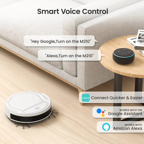Robot Vacuum With Strong Suction And Long Battery Life For Pet Hair Slim Low Profile Quiet Cleaning Auto Docking And Self Charging Wi Fi App And Alexa Control Great For Hard Floors And Everyday Cleaning M210 next to couch and voice control devices