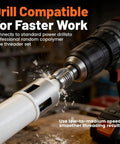 Rock Solid 4 In 1 PVC Pipe Threader Tool For 1/2 And 3/4 Inch Pipes connected to a power drill, cutting PVC pipe.