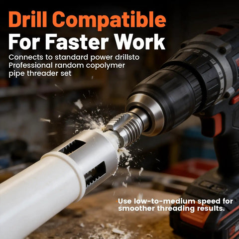 Rock Solid 4 In 1 PVC Pipe Threader Tool For 1/2 And 3/4 Inch Pipes connected to a power drill, cutting PVC pipe.