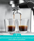 Pro Level 20 Bar Espresso Maker With Rapid Flashheat Brewing Fast Steam Wand For Silky Milk Drinks Zero Fuss Countertop Coffee Setup pouring espresso into two glasses.