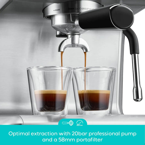 Pro Level 20 Bar Espresso Maker With Rapid Flashheat Brewing Fast Steam Wand For Silky Milk Drinks Zero Fuss Countertop Coffee Setup pouring espresso into two glasses.