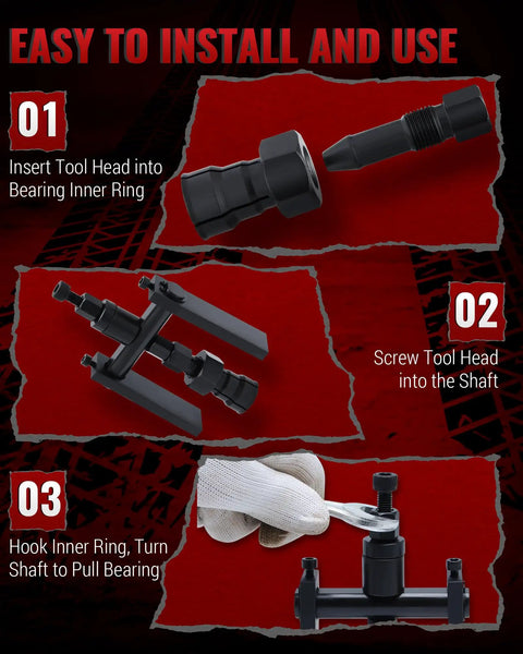 Steps for using Motorcycle Wheel Bearing Puller Set For Blind Hole Removal 8 To 25 Mm Inner Bearings, 10 Piece Tool Kit