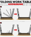 Foldable 39.4 Inch Workbench With Built In Measuring Tape And Angle Finder, shown in folding sequence