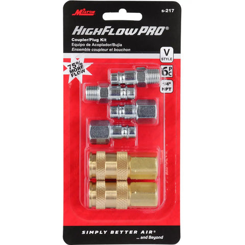 V Style One Quarter Inch NPT Coupler And Plug Kit Six Piece High Flow Heavy Duty For Air Lines Low Pressure packaging