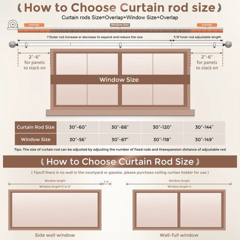 Diagram showing how to choose the correct size of a wood curtain rod, emphasizing adjustable 30 to 88 inches for various window sizes.