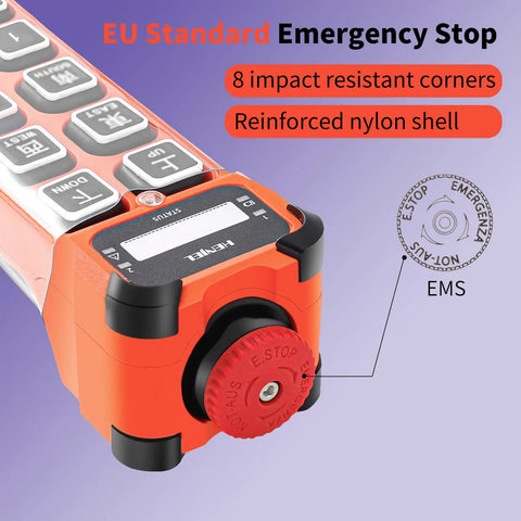 Close-up of 12 Button Wireless Crane Remote Control 12V 24V Industrial Radio Transmitter's emergency stop button.