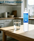 No Gimmicks 3M High Flow Water Filter Replacement 3 Pack Compatible With Hf20 And Hf25 Coconut Carbon Ice Maker Cartridge next to a glass of fresh filtered water.