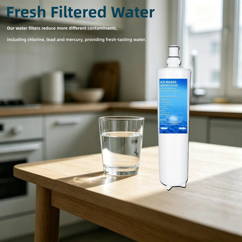 No Gimmicks 3M High Flow Water Filter Replacement 3 Pack Compatible With Hf20 And Hf25 Coconut Carbon Ice Maker Cartridge next to a glass of fresh filtered water.