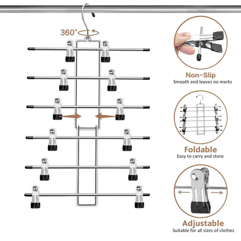 Heavy Duty Metal Pants Hangers With Clips, Hella Space Saving Six Tier Skirt Rack, 360 Swivel Hook shown with adjustable clips.