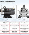 Portable 115V 1/10HP Water Transfer Pump Kit With 6 Ft Suction Hose, 330 GPH, product specifications overview