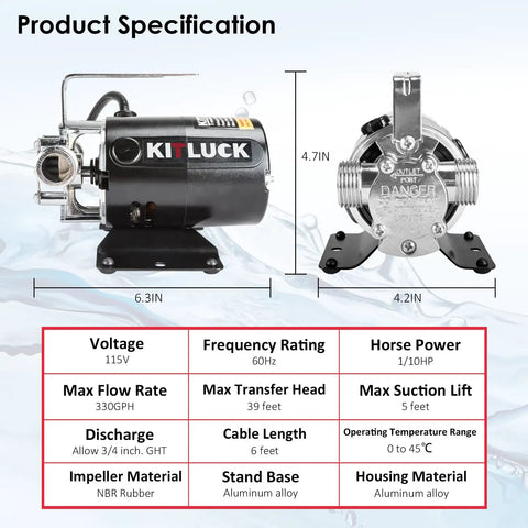 Portable 115V 1/10HP Water Transfer Pump Kit With 6 Ft Suction Hose, 330 GPH, product specifications overview