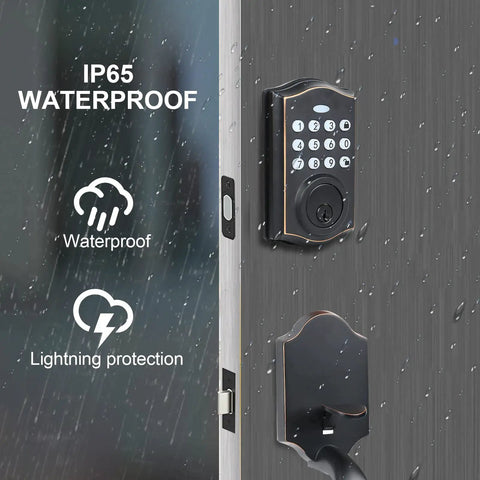 Keyless Entry Door Lock With Keypad And Handle Set, 5 In 1 Smart Deadbolt For Front Door, matte black in rain, IP65 waterproof