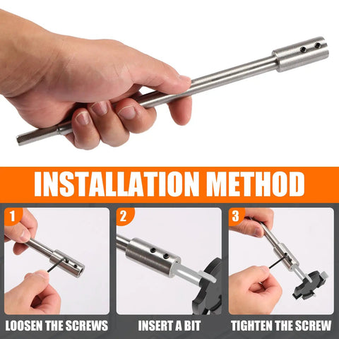 Heavy Duty Forstner Bit Extension For 3/8 Inch Round Shank built rock solid with carbon steel shown during installation method.