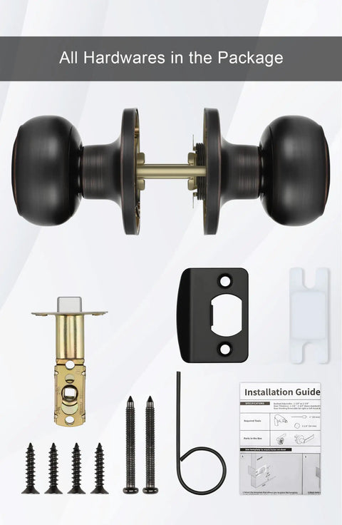 Oil Rubbed Bronze Passage Door Knobs 3 Pack For Hallways And Closets with installation hardware and guide displayed