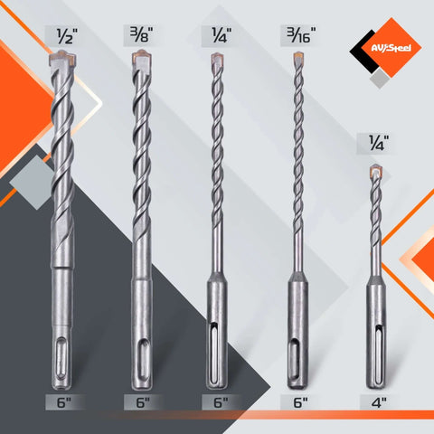 AV Steel 5-piece SDS Plus rotary hammer drill bit set with carbide tips and storage case