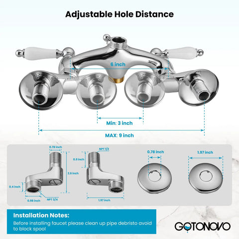 Polished Chrome Clawfoot Tub Faucet With Wall Mount and Handheld Shower, Double-Handle Tub and Shower Mixer, 6 Inch Center