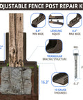 Adjustable Fence Post Repair Kit With Pro Grade Heavy Duty Steel Ground Spike And H Design For Rotted Tilted Or Leaning Wood Posts Quick Fix For Strong Long Lasting Fence Stability And Easy Install, showing detailed measurements and structure.