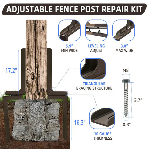 Adjustable Fence Post Repair Kit With Pro Grade Heavy Duty Steel Ground Spike And H Design For Rotted Tilted Or Leaning Wood Posts Quick Fix For Strong Long Lasting Fence Stability And Easy Install, showing detailed measurements and structure.