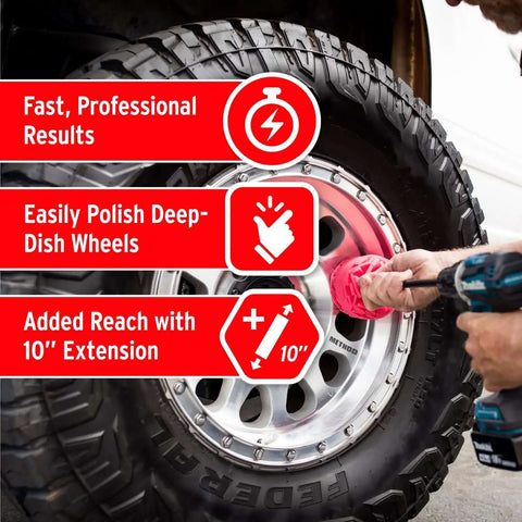 PowerBall 2 polishing tool for deep dish wheels and tight areas drill powered with a 10 inch quick swap bit in use on vehicle wheel
