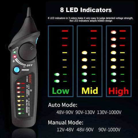 Non Contact Voltage Detector Pen AVD06 12-1000V with LED indicators for voltage strength, auto/manual modes detailed.