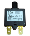 Front view of Compact Thermal Reset Tiny But Mighty Single Pole Circuit Breaker Push to Reset, 10 Amp, 240 VAC or 28 VDC, PN 1658-G21-01-P10-10A.