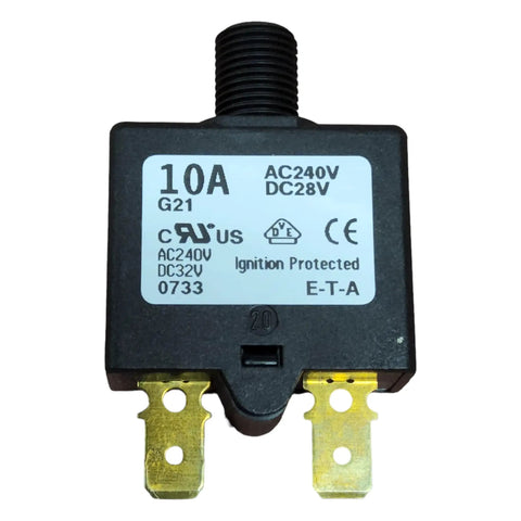 Front view of Compact Thermal Reset Tiny But Mighty Single Pole Circuit Breaker Push to Reset, 10 Amp, 240 VAC or 28 VDC, PN 1658-G21-01-P10-10A.