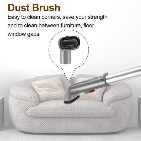 Crevice Tool And Dust Brush For Vacuum Upholstery Cleaning with 14 Inch Gap Tool shown with sofa cleaning illustration.