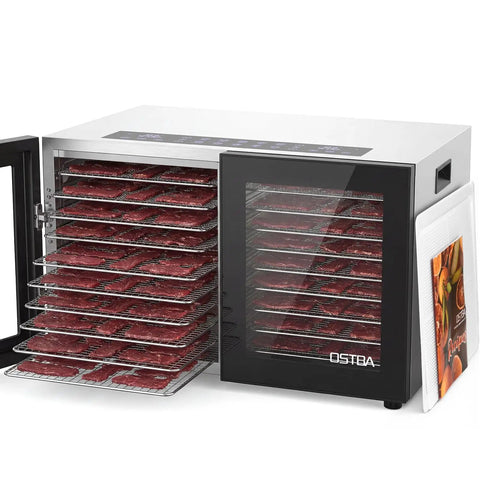 Built Different Dual Zone Food Dehydrator With 20 Spacious Trays And 1300 Watts for drying beef jerky in multiple stainless racks.