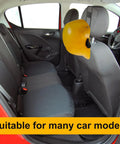 Two Pack Steel Hard Hat Rack For Trucks Over The Seat holding yellow hard hat in car interior