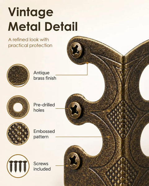 Close-up of Built Like A Tank Solid Brass Wall Corner Guards Heavy Duty Bronze Baseboard Edge Protectors with screws and embossed pattern.