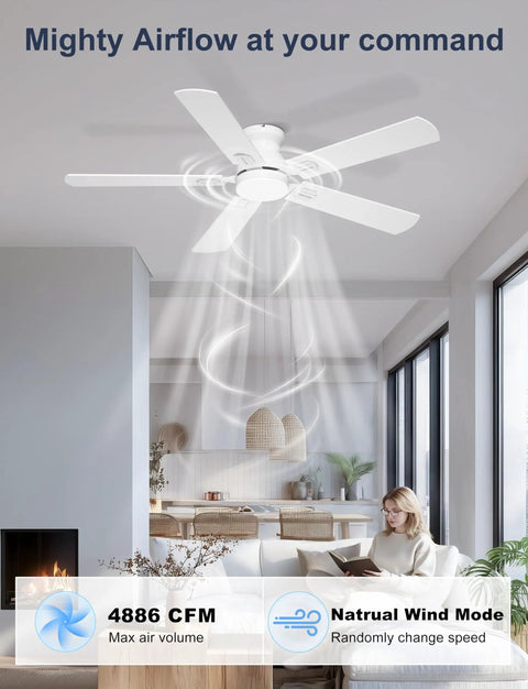 52 Inch Low Profile Ceiling Fan With Light For Low Ceilings White Flush Mount Quiet DC Motor in modern living room