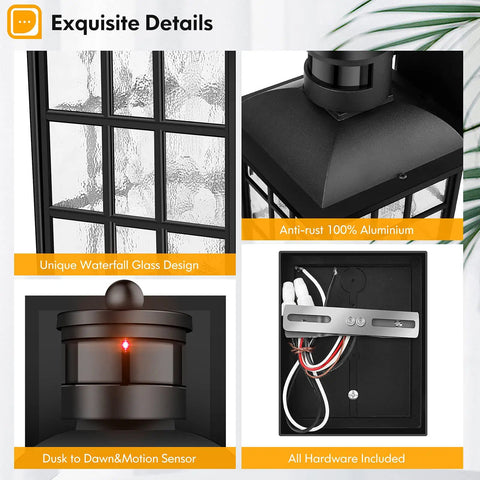 Exquisite details of 2 Pack Motion Sensor Outdoor Lights With Dusk To Dawn Sensor, featuring anti-rust aluminum and waterfall glass design.