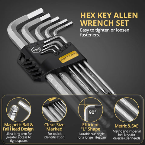 27-Piece Magnetic Allen Wrench Set with Extra-Long Ball End Hex Keys S2 Steel SAE Metric and Torx Keys Color-Coded L Keys