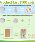 Product list for 100 Sets Of 58mm Button Maker Supplies For Pins And Keychains, showing components for 50 pin and 50 keychain sets