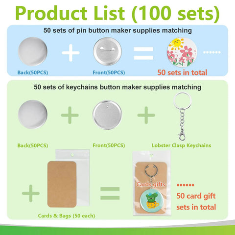 Product list for 100 Sets Of 58mm Button Maker Supplies For Pins And Keychains, showing components for 50 pin and 50 keychain sets