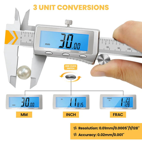 Rechargeable Caliper With Backlit LCD Screen And Auto Off, showing 3 unit conversions for precise inch metric and fraction measurements