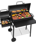 Dual Chamber Charcoal Grill With Offset Smoker, Spacious 510 Sq In Cooking Space, with food grilling on racks