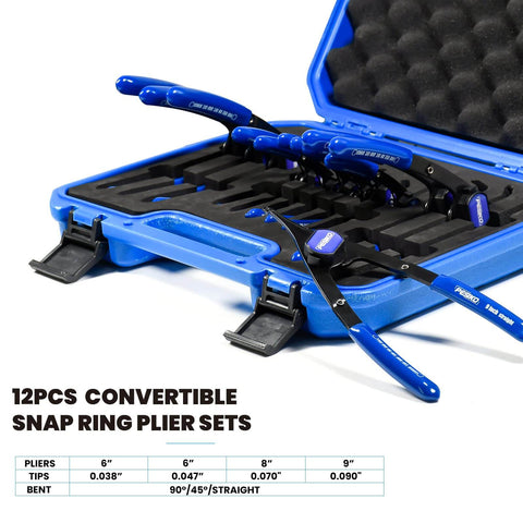 12 Piece Snap Ring Pliers Set Heavy Duty Internal External Convertible Fixed Tip Pliers with case and multiple tips visible