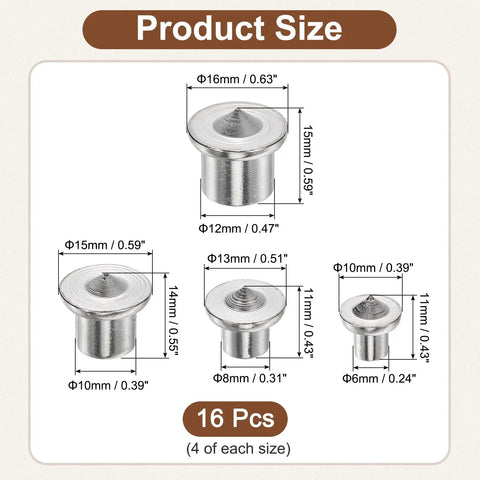 16 Piece Dowel Center Pins Set For Woodworking, Solid Tenon Center Transfer Plugs dimensions in millimeters and inches
