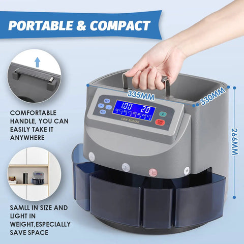 US Coin Counter Machine Auto Sorter and Wrapper Roller for Pennies Nickels Dimes Quarters and Dollars with handle.