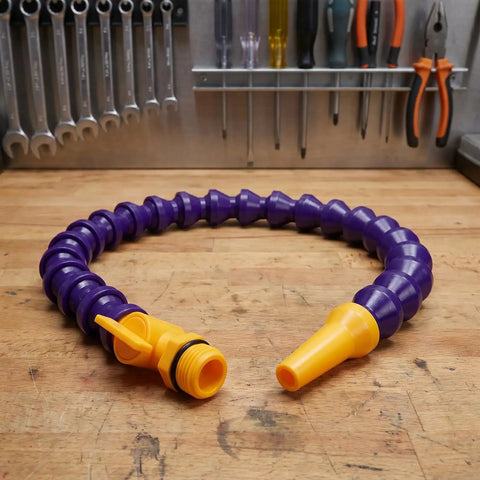 Flexible Coolant Hose With Half Inch Thread And Flat Nozzle Switch, Adjustable Water Pipe For Lathes, Mills And Hydraulic Cooling Systems, About Twenty Three Point Six Inch Length on a workbench