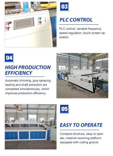 Automatic Toilet Paper Rewinder Machine Heavy Duty Tissue Production Line showcasing PLC control panel and operational controls.