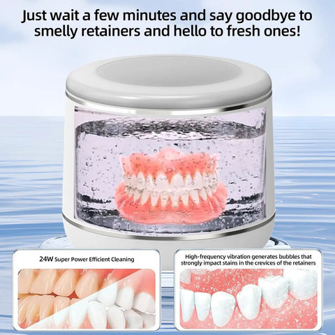 Pro Grade Retainer And Dental Appliance Ultrasonic Cleaner With Three Cleaning Modes 42000 Hz High Frequency Cleaning 20W Power 230 ml Tank White YKL At Home, white unit with retainer in water
