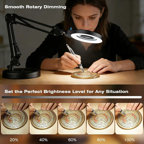Person using 10X Magnifying Glass With Light And Stand For Close Work, 4.3-Inch Distortion-Free Lens for detailed craftsmanship.
